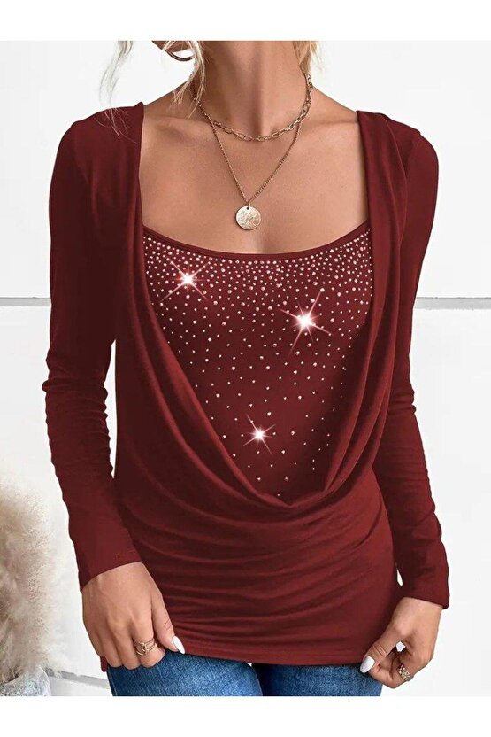 Kadın Uzun Kollu Derin Degaje Yakalı Taşlı Sandy Bluz