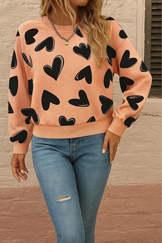 Kadın Uzun Kollu Bisiklet Yaka Kalp Desenli Iki Iplik Bluz