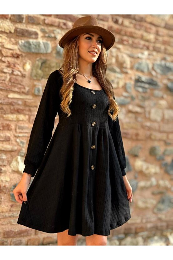 Kadın Uzun Kollu Kare Yaka Düğmeli Kısa şardonlu Iki Iplik Mini Elbise