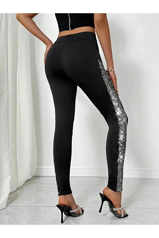 Kadın Yüksek Bel Yarı şerit Pul Payetli Dalgıç Tayt