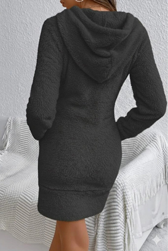 MDB Kadın Uzun Kollu Kapşonlu Cepli Mini Peluş Elbise