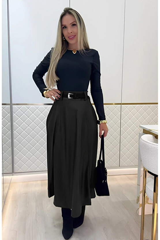 Kadın Yüksek Belli Maxi Deri Kemersiz Etek