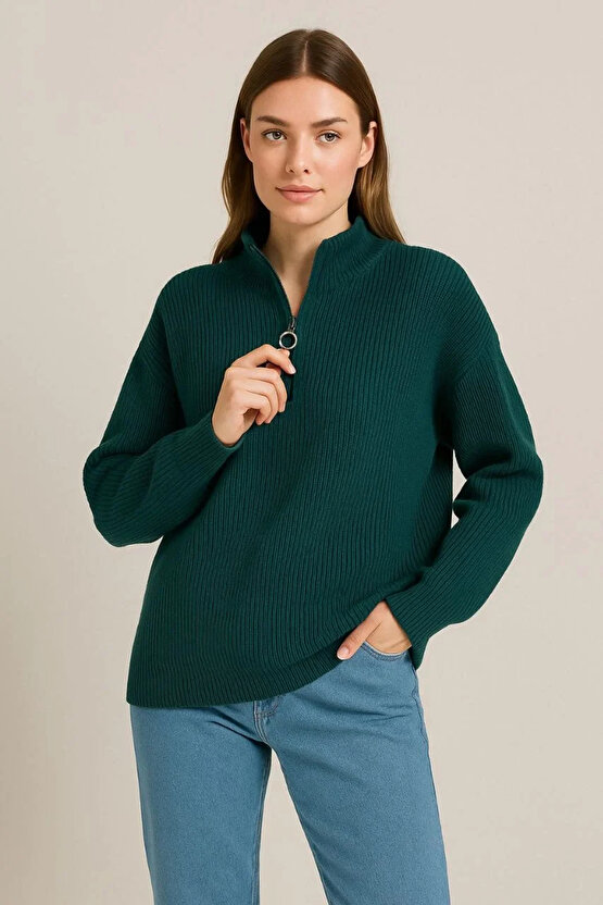 KADIN Yarım Fermuarlı Triko Kazak – Selanik Örgü, Dik Yaka, Pamuklu Dokuma, Oversize Uzun Kollu Kışl