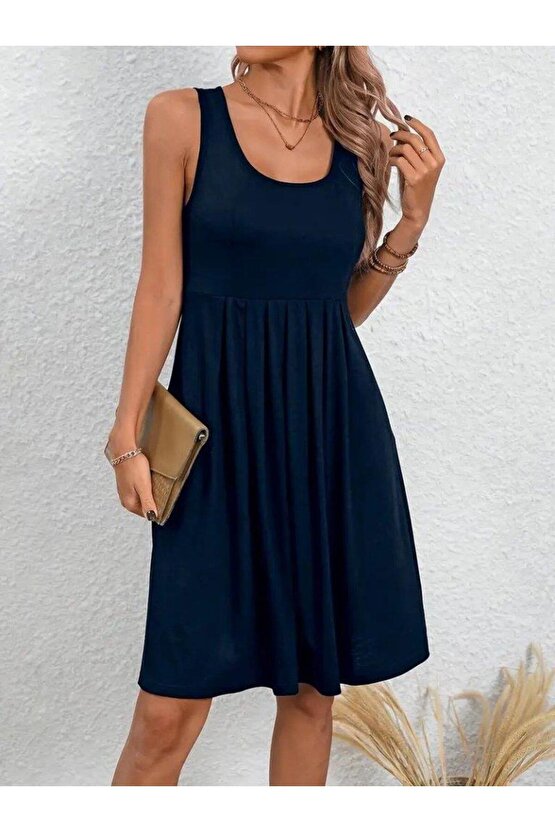 Kadın Askılı Yuvarlak Yaka önden Pileli Viskon Elbise