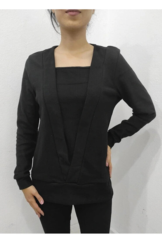 Kadın Uzun Kollu Kruvaze Yaka Kol Ve Etek Ucu Manşet Detay Yumoş Bluz