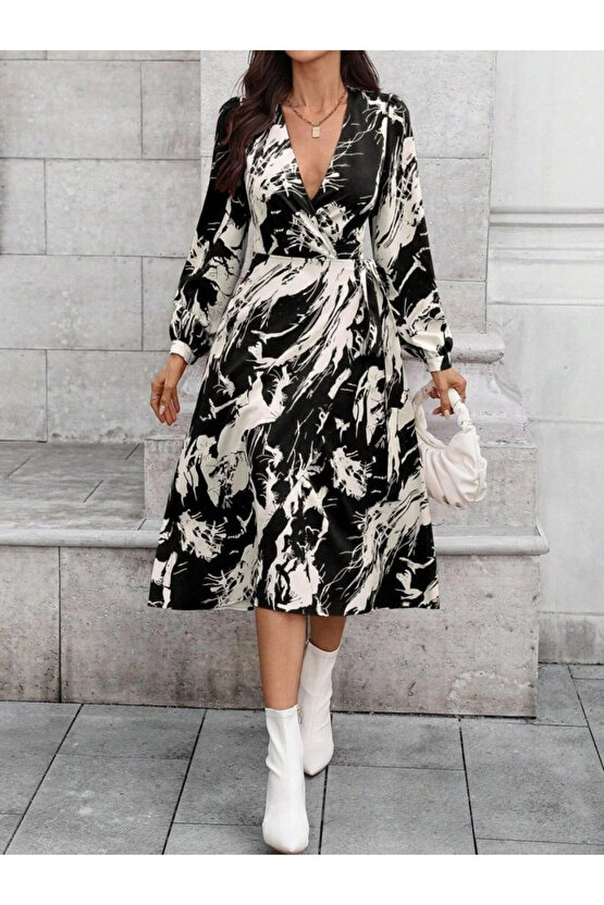 MDB Kadın Uzun Kollu Kruvaze Yakalı Yandan Bağlamalı Desenli Mini Modal Elbise