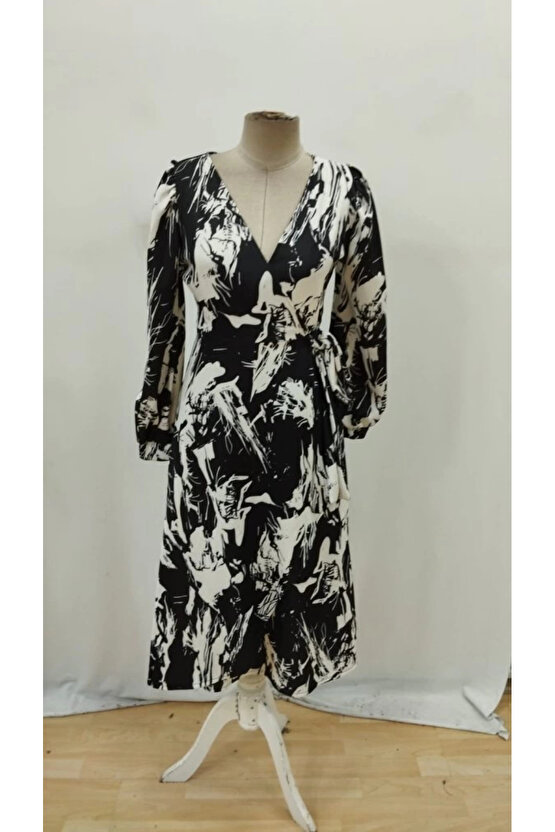 MDB Kadın Uzun Kollu Kruvaze Yakalı Yandan Bağlamalı Desenli Mini Modal Elbise