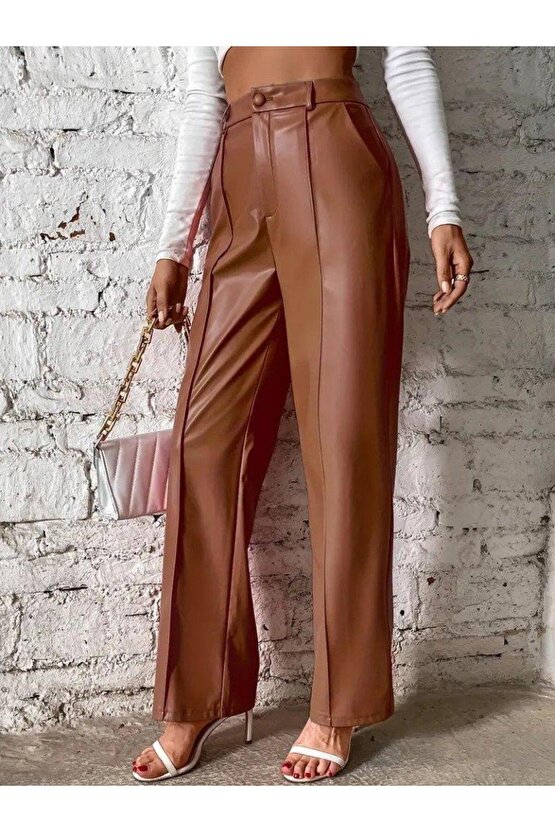 Kadın önden Fermuarlı Cepli Geniş Kesim Lame Deri Pantolon