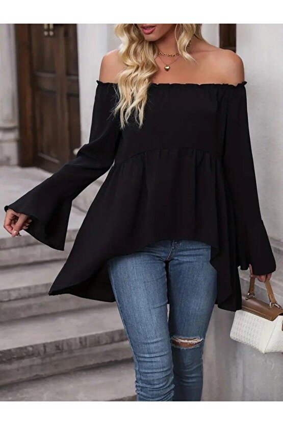 Kadın Uzun Kollu Madonna Yaka Asimetrik Detaylı Kolları Ispanyol Viskon Bluz