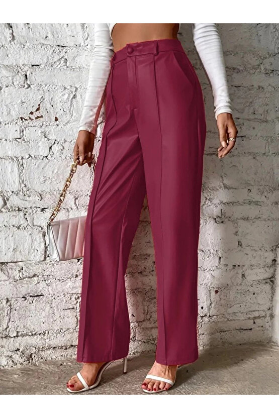 MDB Kadın önden Fermuarlı Cepli Geniş Kesim Lame Deri Pantolon