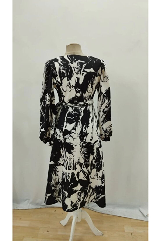 MDB Kadın Uzun Kollu Kruvaze Yakalı Yandan Bağlamalı Desenli Mini Modal Elbise