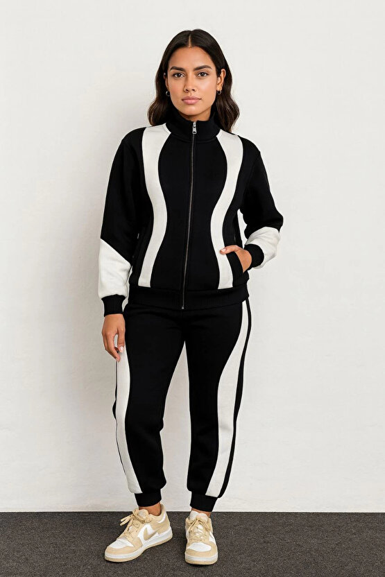 Kadın Premium Parçalı Eşofman Takım - Dik Yaka Fermuarlı Sweatshirt - Siyah