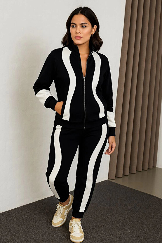 Kadın Premium Parçalı Eşofman Takım - Dik Yaka Fermuarlı Sweatshirt - Siyah