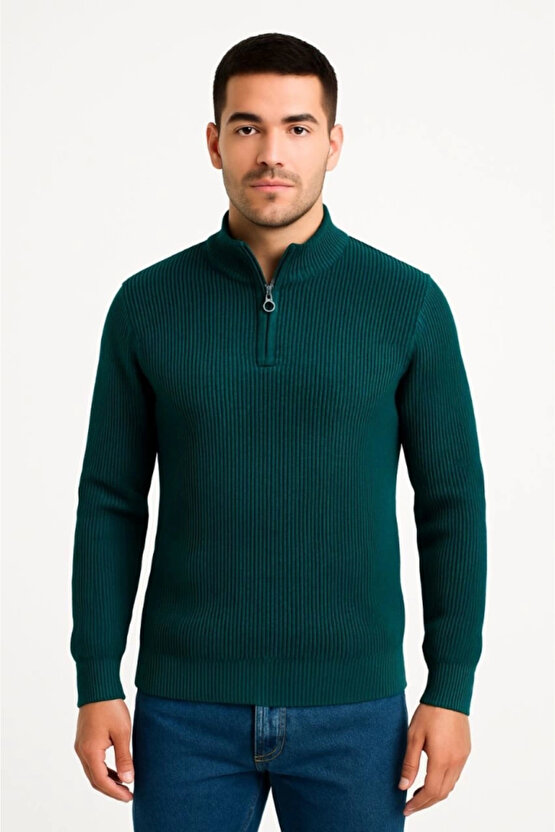 Erkek Yarım Fermuarlı Triko Kazak – Selanik Örgü, Dik Yaka, Pamuklu Dokuma, Regular Fit Uzun Kollu K