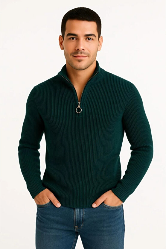 Erkek Yarım Fermuarlı Triko Kazak – Selanik Örgü, Dik Yaka, Pamuklu Dokuma, Regular Fit Uzun Kollu K