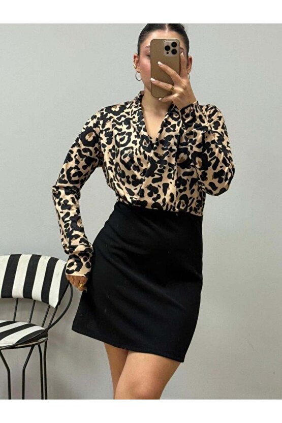 Kadın Uzun Kollu Kruvaze Yakalı üst Dalgıç Alt Ithal Krep Mini Elbise