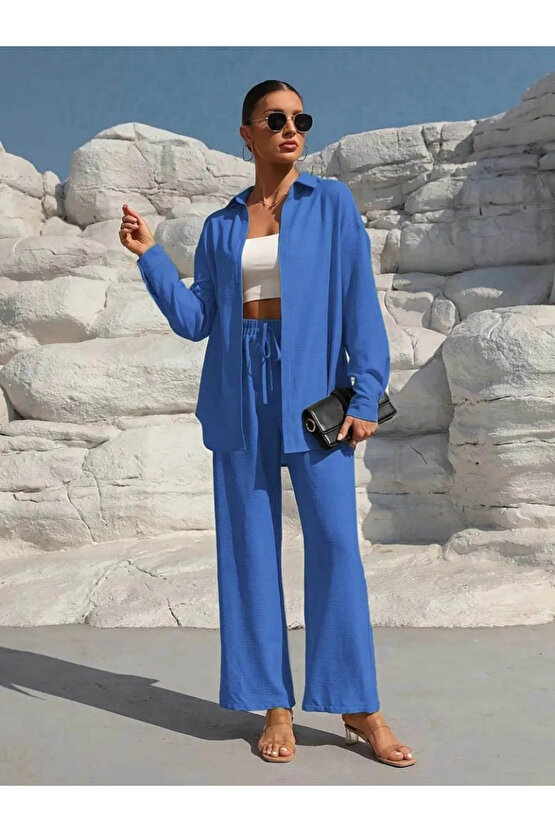 Kadın Uzun Kollu önü Açık Dokuma Ceket Ve Pantolon Ikili Takım
