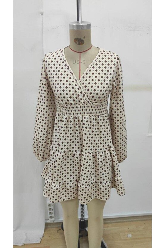 Kadın Uzun Kollu Kruvaze Yaka Desenli Mini Modal Elbise