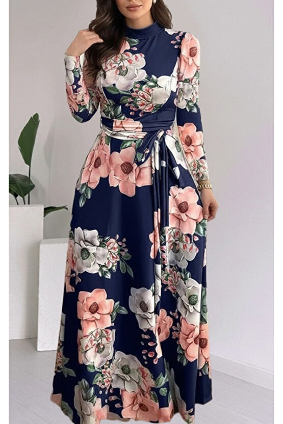 Kadın Uzun Kollu Yuvarlak Yakalı Beli Kuşaklı Desenli Süprem Uzun Elbise