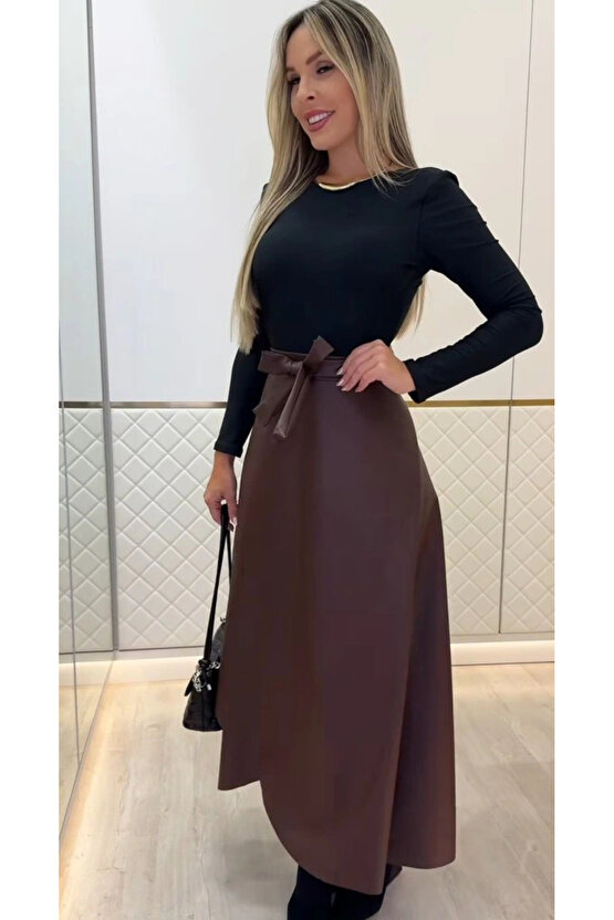Kadın Belden Kuşaklı Uzun Deri Etek