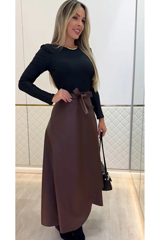 Kadın Belden Kuşaklı Uzun Deri Etek