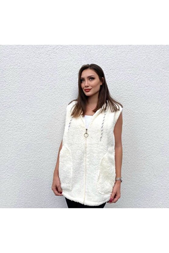 Kadın Kapüşon Ve Fermuar Detay Welsoft Kolsuz Yelek