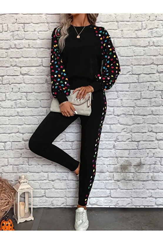 MDB Kadın Uzun Kollu Bisiklet Yaka Desenli Viskon Iki Iplik Bluz Ve Pantolon Ikili Takım