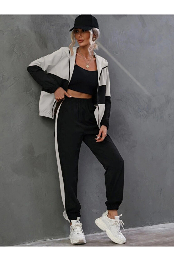 Kadın Uzun Kollu Kapşonlu önden Fermuarlı Viskon Iki Iplik Bluz Ve Pantolon Ikili Takım