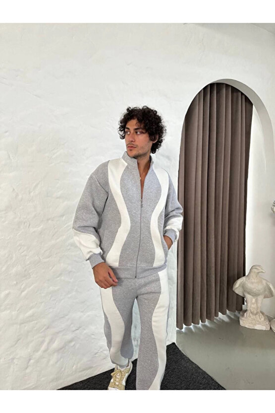 EQURİ Erkek Premium Parçalı Eşofman Takım - Dik Yaka Fermuarlı Sweatshirt, - Gri