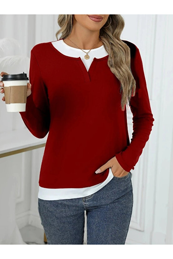 Kadın Uzun Kollu V Yakalı çift Renkli Viskon Iki Iplik Bluz
