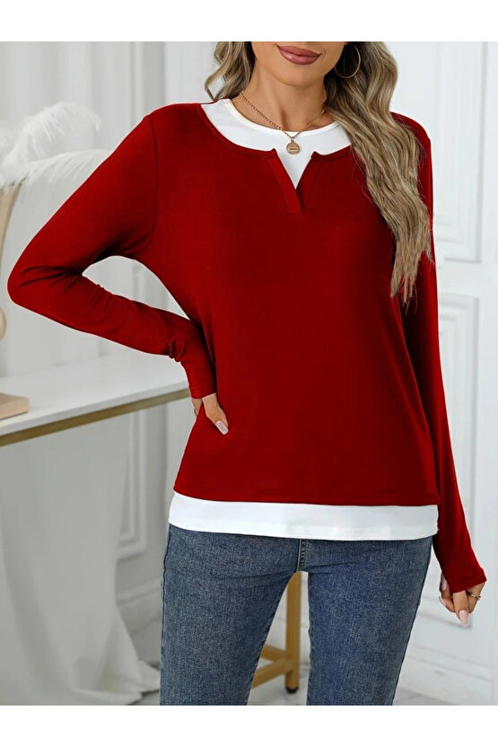 Kadın Uzun Kollu V Yakalı çift Renkli Viskon Iki Iplik Bluz