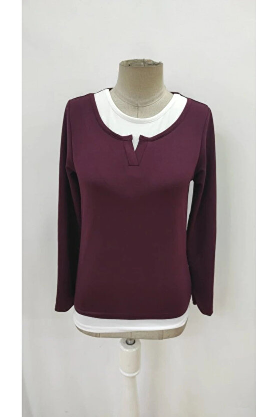 Kadın Uzun Kollu V Yakalı çift Renkli Viskon Iki Iplik Bluz