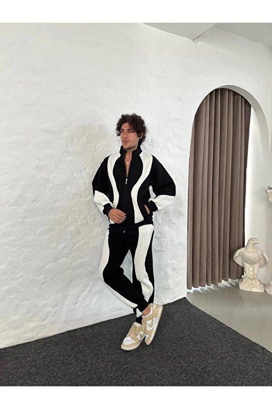 Erkek Premium Parçalı Eşofman Takım - Dik Yaka Fermuarlı Sweatshirt, - Siyah