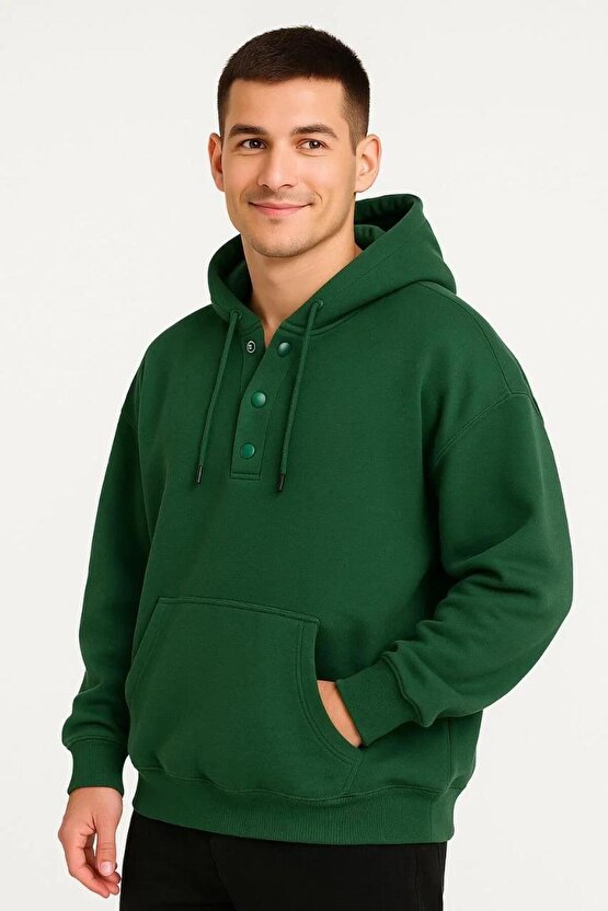Erkek Ovarsize Kapüşonlu Swetshirt Kanguru Çepli Cıtcıtlı 3 iplik Şardonlu Hoodie - Haki