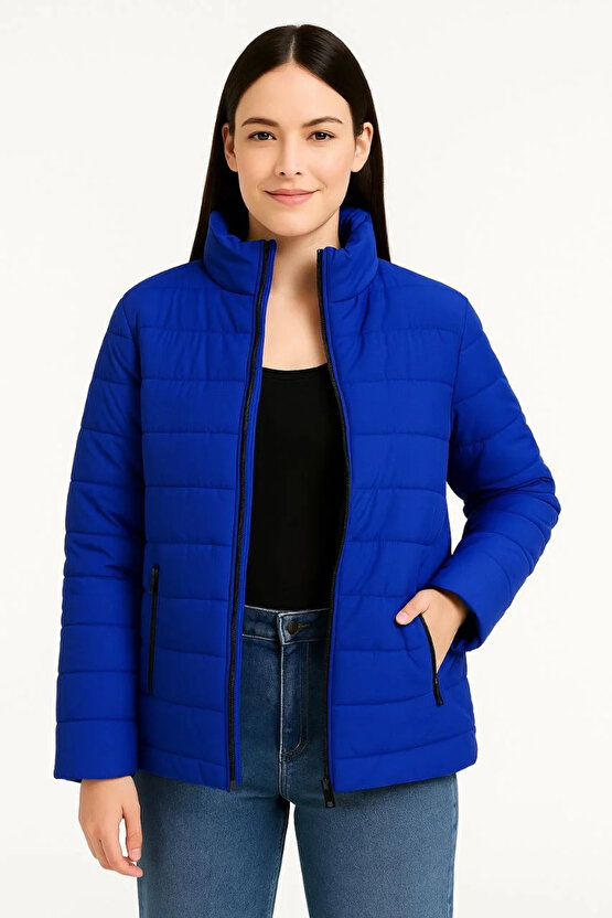 Kadın Bomber Mont Ceket – Su İtici Kumaş, Kapitone Astarlı, Fermuarlı, Kışlık - Saks Mavisi