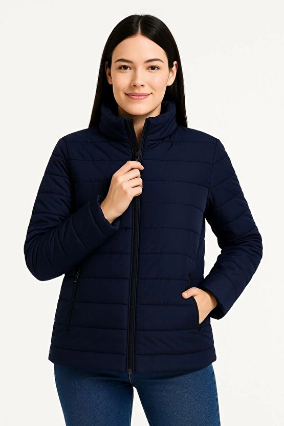 Kadın Bomber Mont Ceket – Su İtici Kumaş, Kapitone Astarlı, Fermuarlı, Kışlık - Lacivert