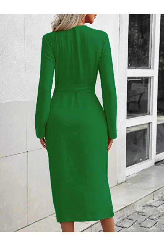 Kadın Uzun Kollu önden Düğmeli Beli Kuşaklı Aerobin Midi Elbise