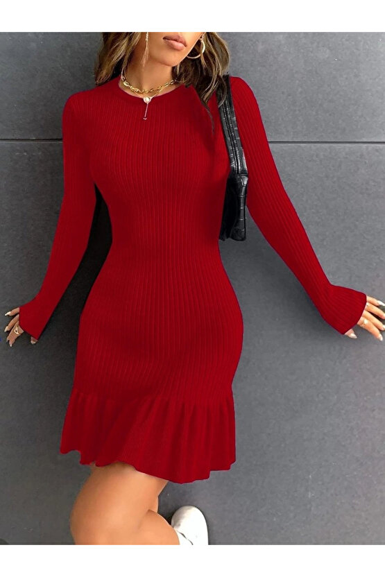 Kadın Bisiklet Yaka Uzun Kol Etek Ucu Fırfırlı Triko (polyenit) Mini Boy Elbise