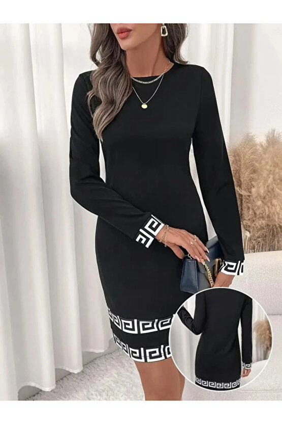 Kadın Uzun Kollu Bisiklet Yaka Mini Ithal Krep Elbise