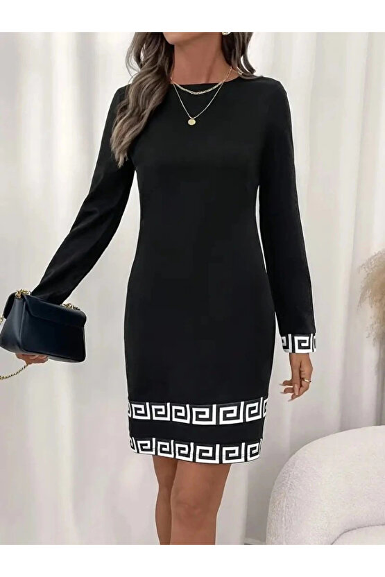 Kadın Uzun Kollu Bisiklet Yaka Mini Ithal Krep Elbise