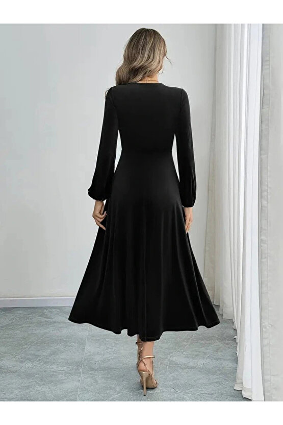 Kadın Uzun Kollu Bisiklet Yaka Midi Kadife Elbise