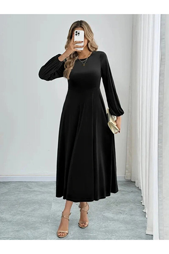 Kadın Uzun Kollu Bisiklet Yaka Midi Kadife Elbise