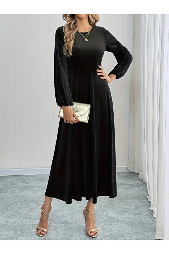 Kadın Uzun Kollu Bisiklet Yaka Midi Kadife Elbise