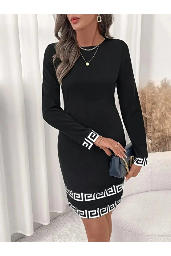 Kadın Uzun Kollu Bisiklet Yaka Mini Ithal Krep Elbise