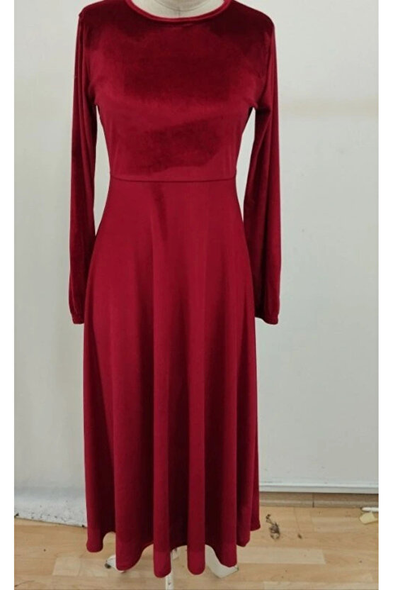 Kadın Uzun Kollu Bisiklet Yaka Midi Kadife Elbise