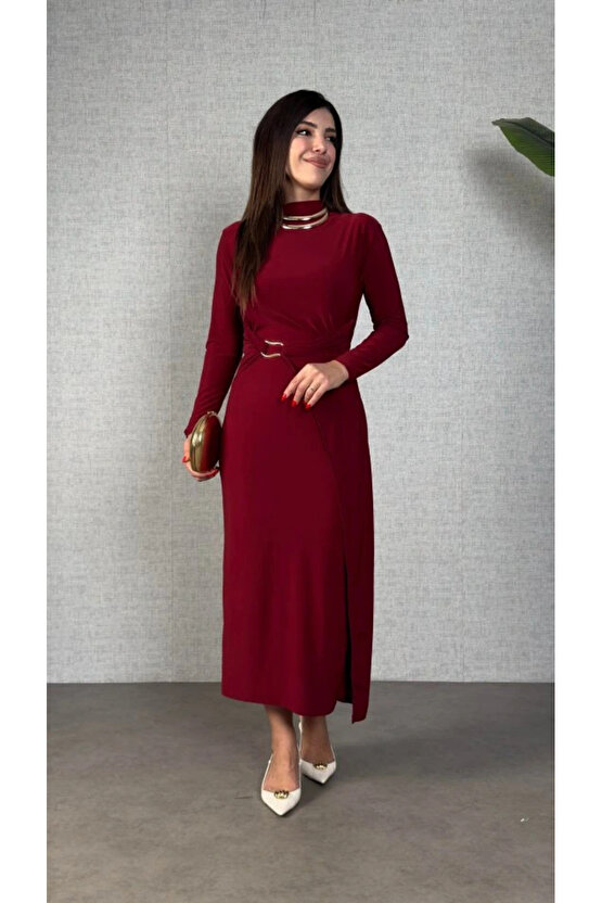 Kadın Balıkçı Yaka Toka Detay Sandy Kumaş Midi Boy Elbise