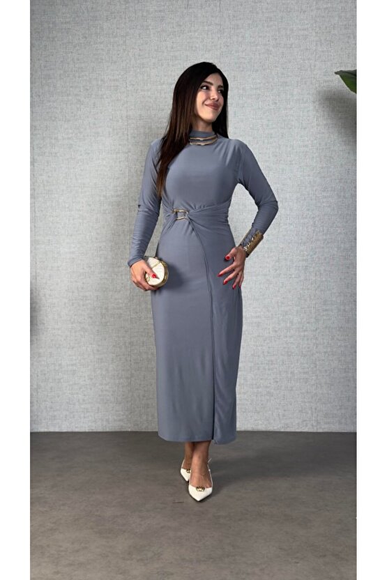 Kadın Balıkçı Yaka Toka Detay Sandy Kumaş Midi Boy Elbise