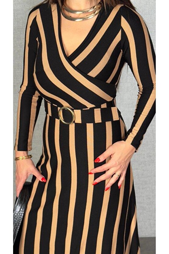 Kadın Uzun Kollu Kruvaze Yaka Kemer Dahil çizgili Triko Elbise