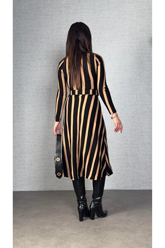 Kadın Uzun Kollu Kruvaze Yaka Kemer Dahil çizgili Triko Elbise