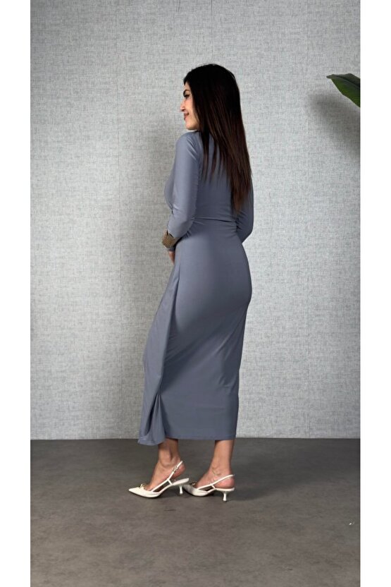 Kadın Balıkçı Yaka Toka Detay Sandy Kumaş Midi Boy Elbise